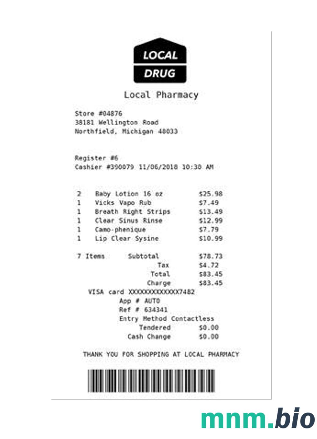 Local Drug Pharmacy przykładowy czek płatniczy PSD